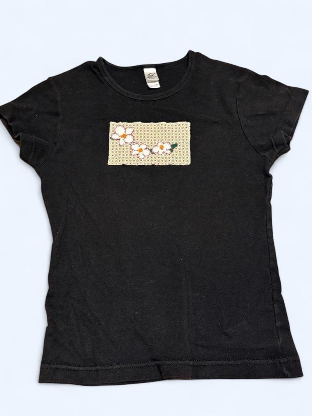 Women's Black Short Sleeve Tee with Floral Patch